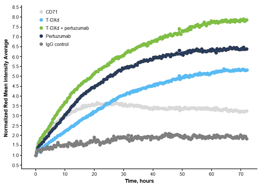 <p>Study Drug Internalization in the BT-474 Breast Cancer Cell Line.<span class="tooltip"><span class="tooltip-text"><sup>1</sup></span><span class="tooltip-content" style="display: none;"><span>1. Hamilton EP, Jhaveri KL, Loi S, et al. Dose-expansion study of trastuzumab deruxtecan as monotherapy or combined with pertuzumab in patients with metastatic human epidermal growth factor receptor-2 positive (HER2+) breast cancer in DESTINY-Breast07 (DB-07) [poster]. Poster presented at: San Antonio Breast Cancer Symposium (SABCS) 2022 Annual Meeting; December 6-10,2022; San Antonio, Texas. Poster PD18-11.</span></span></span><sup>,a</sup> </p>