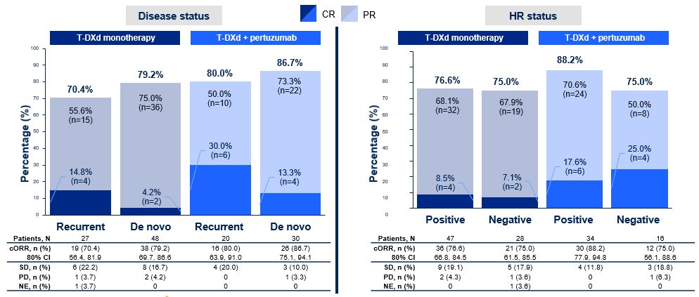 <p>Confirmed ORR and BOR by subgroup per RECIST v1.1 by investigator<span class="tooltip"><span class="tooltip-text"><sup>1</sup></span><span class="tooltip-content" style="display: none;"><span>1. André F, Hamilton EP, Loi S, et al. DESTINY-Breast07: dose-expansion and analysis of T-DXd monotherapy and T-DXd + pertuzumab in patients with previously untreated HER2+ mBC. Abstract 1009. Presented at American Society of Clinical Oncology (ASCO) Congress; May 31-June 4, 2024; Chicago, Illinois</span></span></span></p>