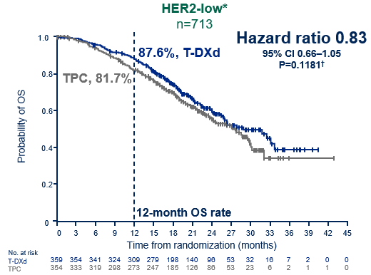 <p>OS in the HER2-low Population: key secondary endpoint (~40% maturity)<span class="tooltip"><span class="tooltip-text"><sup>1</sup></span><span class="tooltip-content" style="display: none;"><span>1. Curigliano G, Hu X, Dent R, et al. Trastuzumab deruxtecan vs physician’s choice of chemotherapy in patients with hormone receptor–positive, human epidermal growth factor receptor 2 (HER2)–low or HER2-ultralow metastatic breast cancer with prior endocrine therapy: primary results from DESTINY-Breast06. Presented at 2024 ASCO Annual Meeting; May 31-June 4, 2024; Chicago, Illinois. Presentation LBA1000.</span></span></span></p>